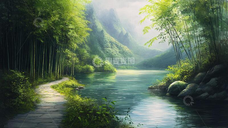 高清大图下载【趣麦麦图】竹林意境图背景意境河流