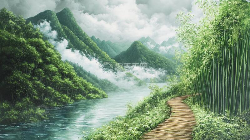 高清大图下载【趣麦麦图】竹林河流山水1