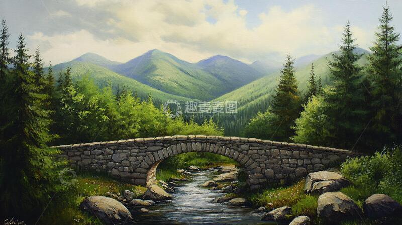高清大图下载【趣麦麦图】石桥风景画油画原画景色