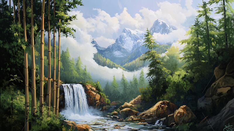 高清大图下载【趣麦麦图】宽屏风景画瀑布场景森林