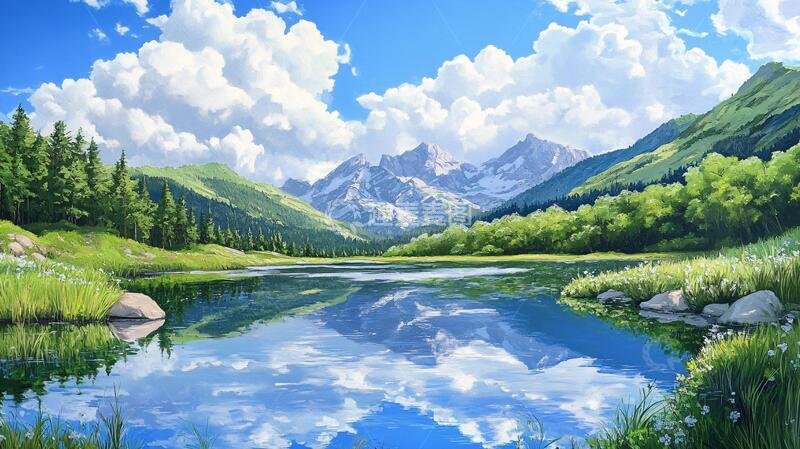 高清大图下载【趣麦麦图】宽屏风景画河流宽幅草地