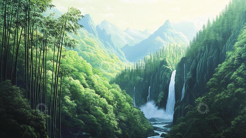 高清大图下载【趣麦麦图】竹林河流山峰3