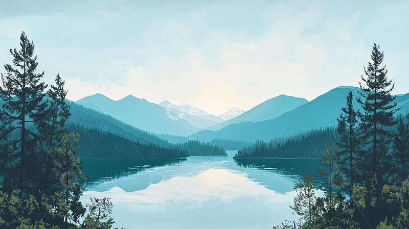高清大图下载【趣麦麦图】山湖插画插画全景风景