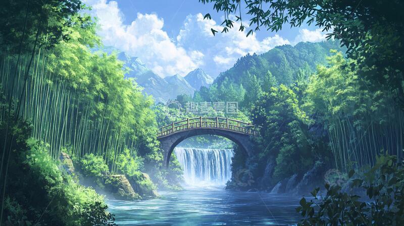 高清大图下载【趣麦麦图】-古桥竹林山水