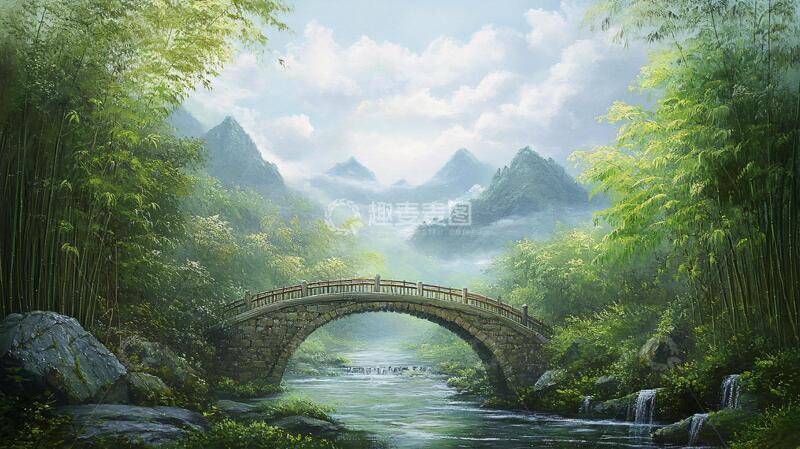 高清大图下载【趣麦麦图】竹林立体画意境河流中式
