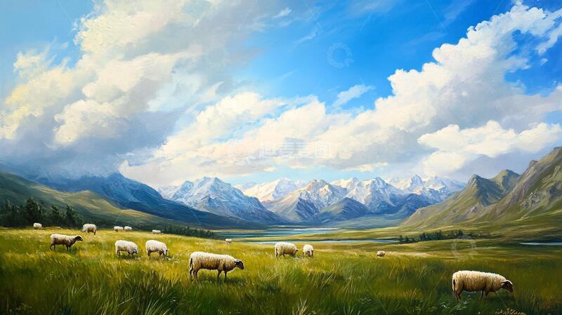 高清大图下载【趣麦麦图】牧羊油画草原油画插画