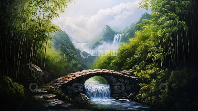 高清大图下载【趣麦麦图】竹林立体画意境背景河流