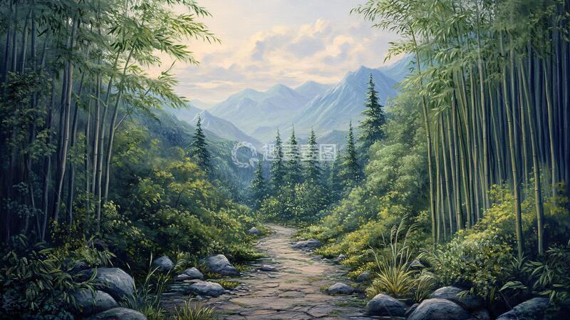 高清大图下载【趣麦麦图】竹林立体画壁纸小路油画