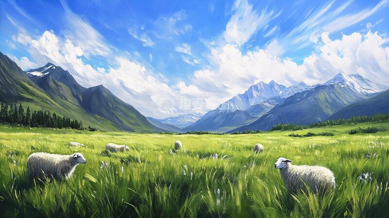 高清大图下载【趣麦麦图】草原羊群插画