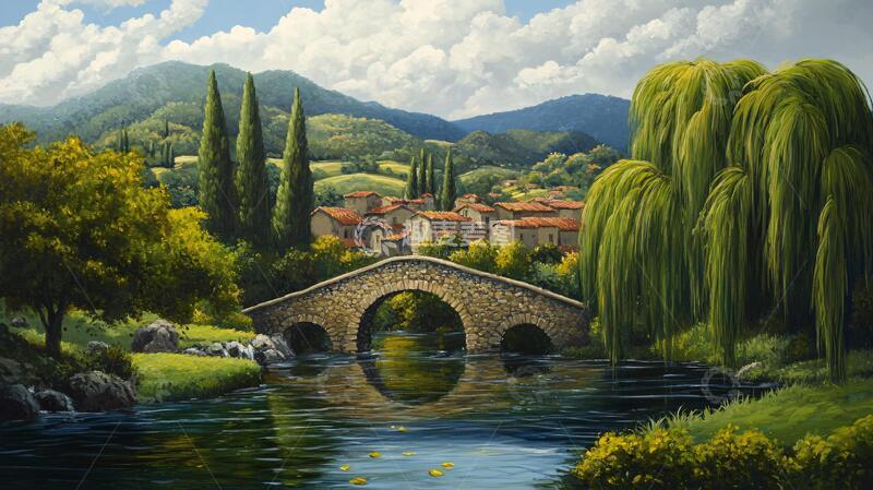 高清大图下载【趣麦麦图】石桥风景画插画宽幅欧式