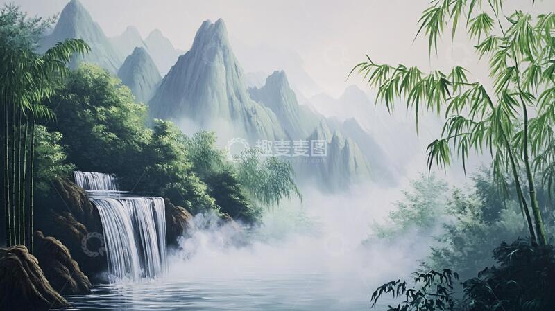 高清大图下载【趣麦麦图】竹林山水背景3