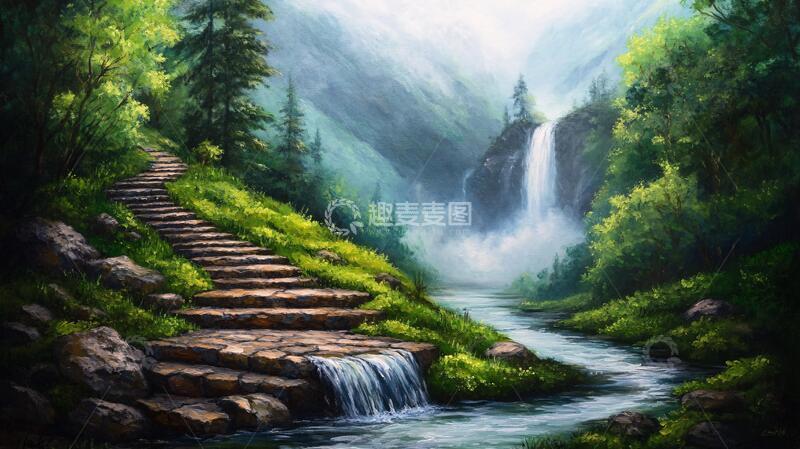 高清大图下载【趣麦麦图】山水风景油画瀑布11