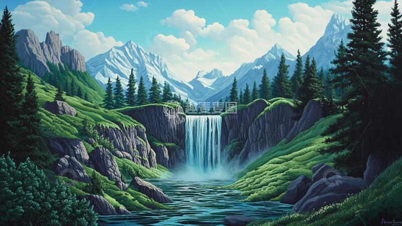 高清大图下载【趣麦麦图】瀑布山景画瀑布巨幅山景