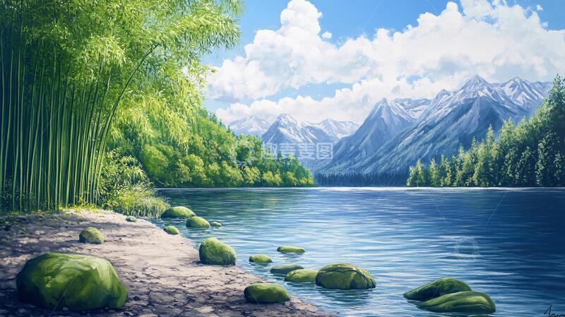 高清大图下载【趣麦麦图】宽屏风景画宽幅河流绘画
