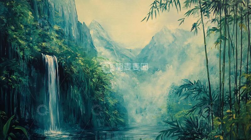 高清大图下载【趣麦麦图】山水风景油画瀑布13