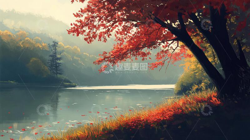 高清大图下载【趣麦麦图】秋意风景画插画秋色美景