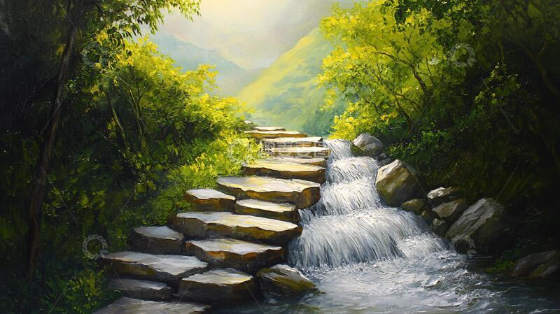 高清大图下载【趣麦麦图】山涧小溪无框画