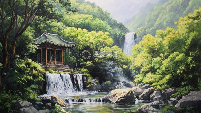 高清大图下载【趣麦麦图】醉翁亭油画油画瀑布手绘
