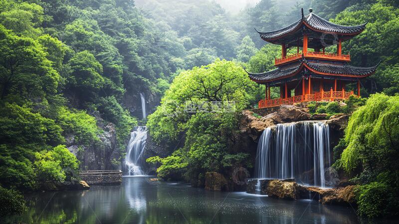 高清大图下载【趣麦麦图】亭台楼阁流水瀑布