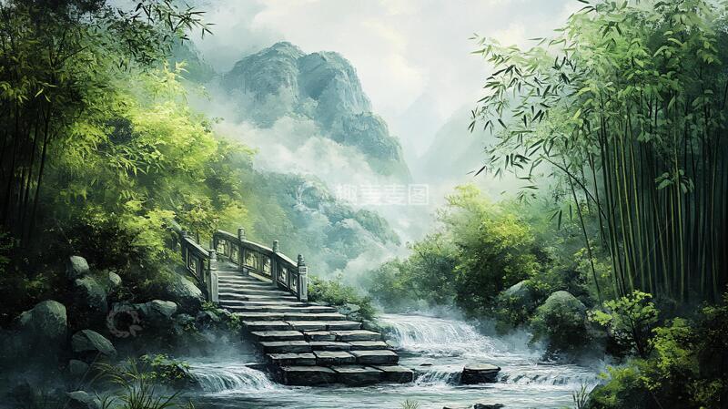 高清大图下载【趣麦麦图】竹林意境图意境背景河流
