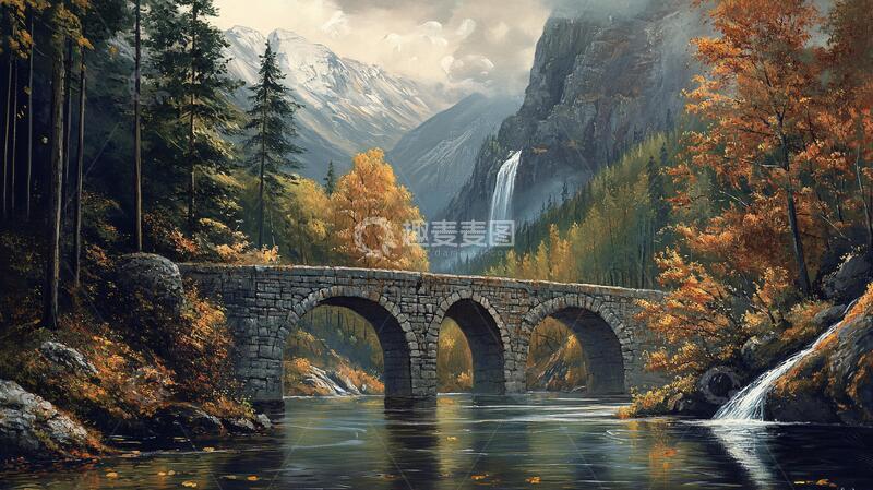 高清大图下载【趣麦麦图】石桥风景画油画风景唯美