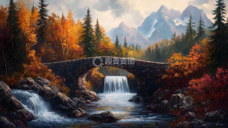 高清大图下载【趣麦麦图】石桥风景画油画秋景桥梁