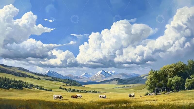 高清大图下载【趣麦麦图】草原风光插画