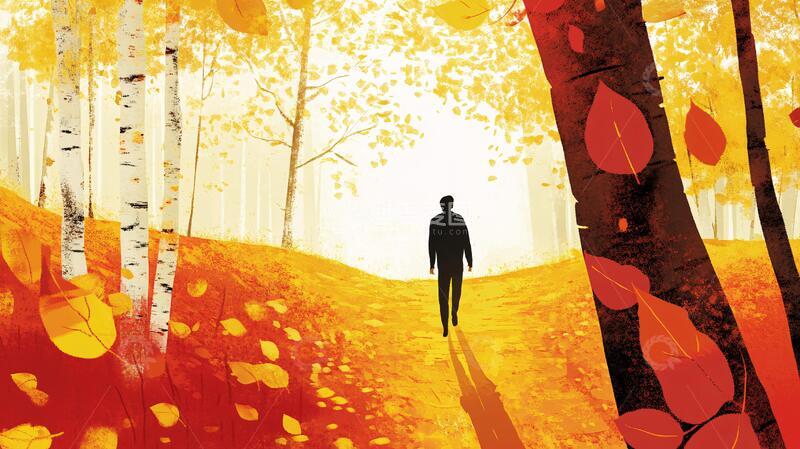 高清大图下载【趣麦麦图】金色树叶小路落叶行人10