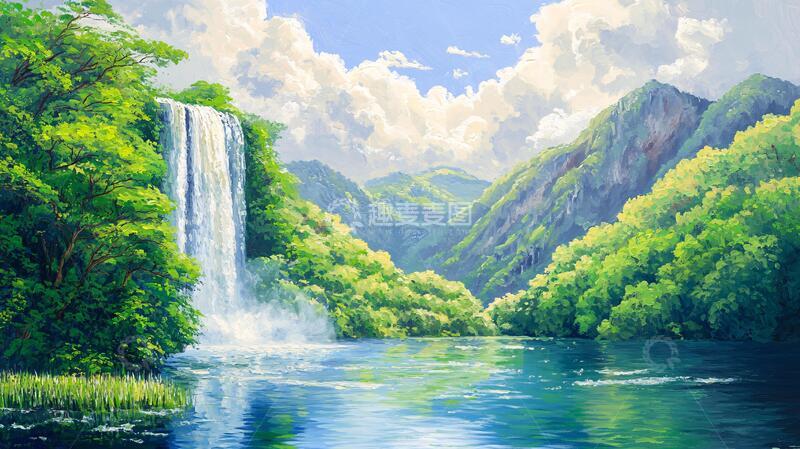 高清大图下载【趣麦麦图】山水风景油画瀑布8