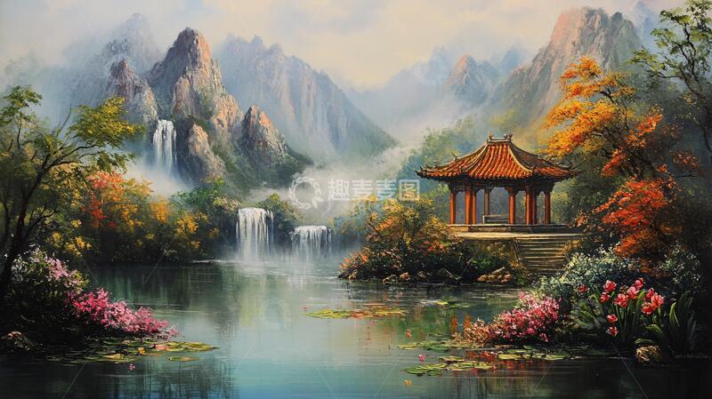 高清大图下载【趣麦麦图】山水风景油画瀑布6