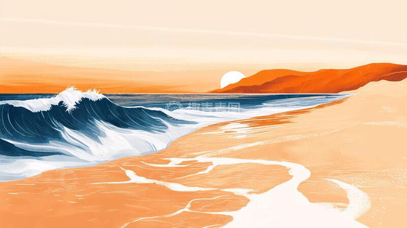 高清大图下载【趣麦麦图】红海滩插画插画海浪手绘