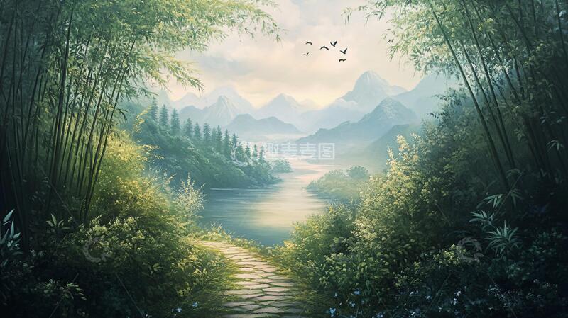 高清大图下载【趣麦麦图】意境山水竹林装饰画