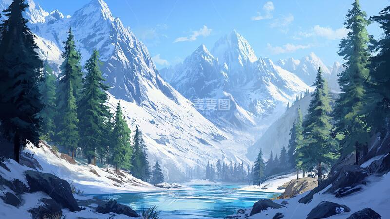 高清大图下载【趣麦麦图】雪山原画雪山河流森林