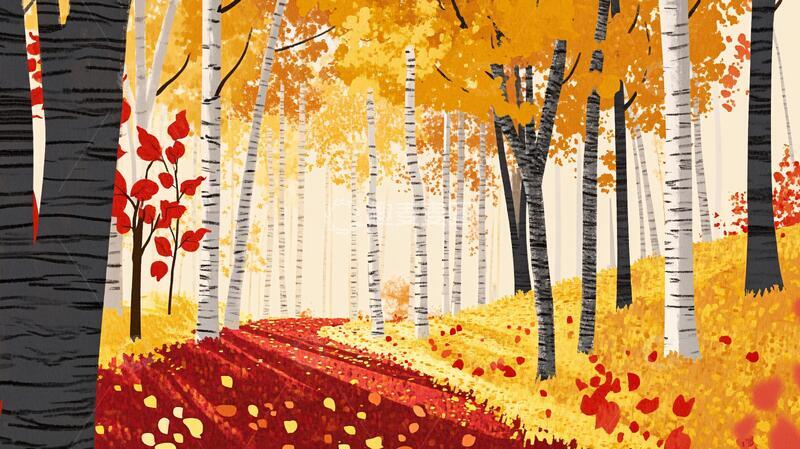 高清大图下载【趣麦麦图】白桦林插画插画森林手绘