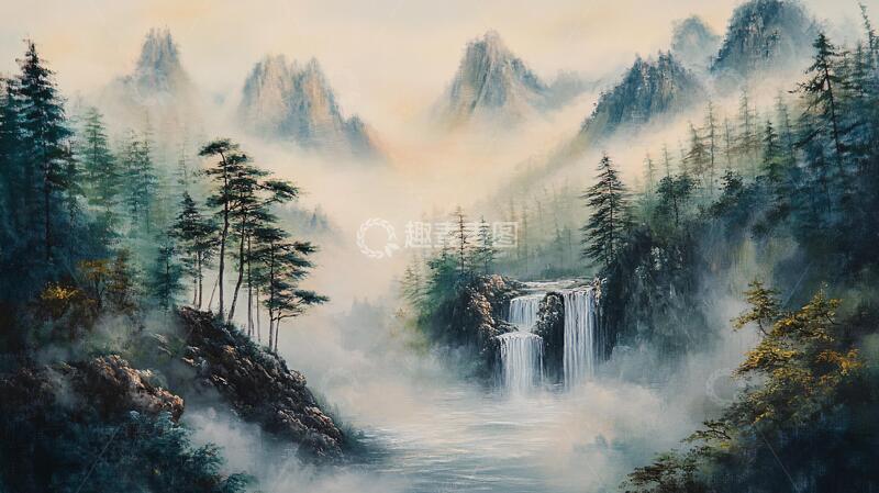 高清大图下载【趣麦麦图】山水风景油画瀑布9