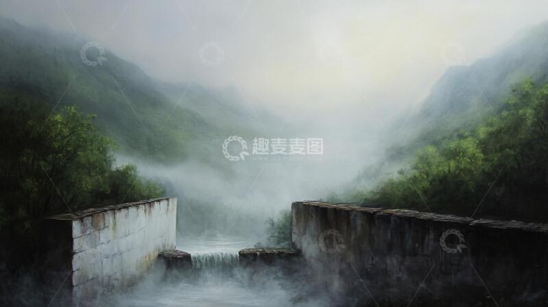 高清大图下载【趣麦麦图】小桥晨雾晨雾水汽背景