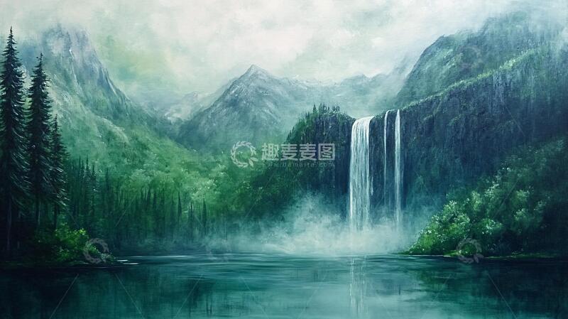 高清大图下载【趣麦麦图】山水风景油画瀑布3