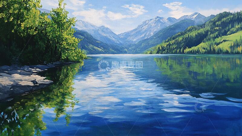 高清大图下载【趣麦麦图】宽屏风景画山水湖泊插画