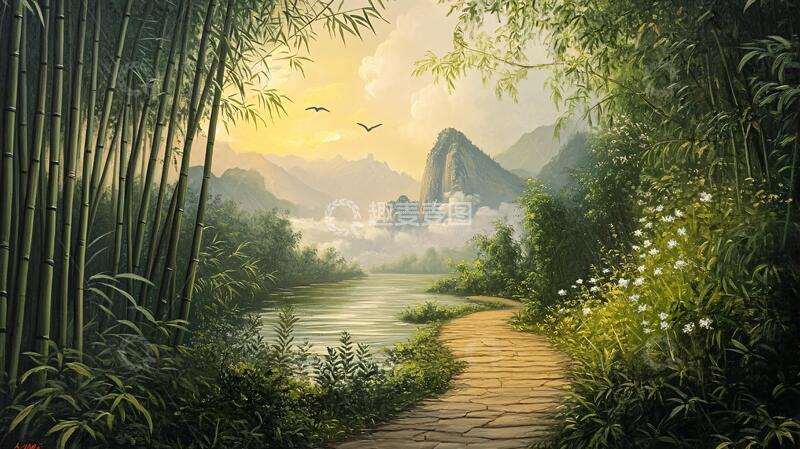 高清大图下载【趣麦麦图】竹林立体画意境背景插画