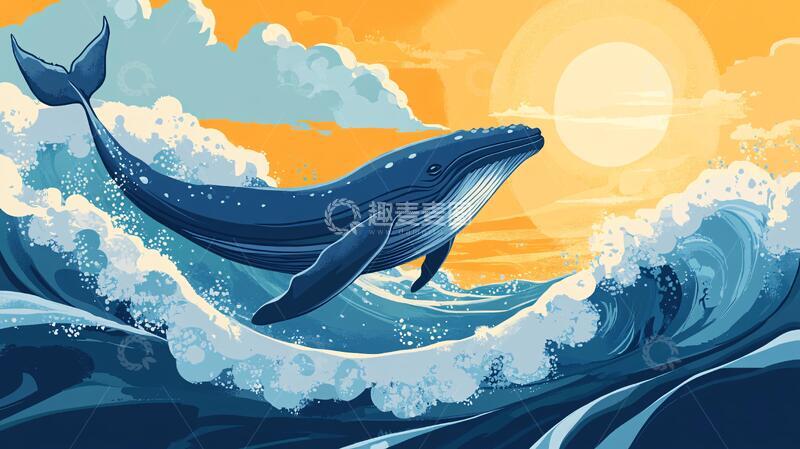 高清大图下载【趣麦麦图】海浪鲸鱼鲸鱼插画手绘