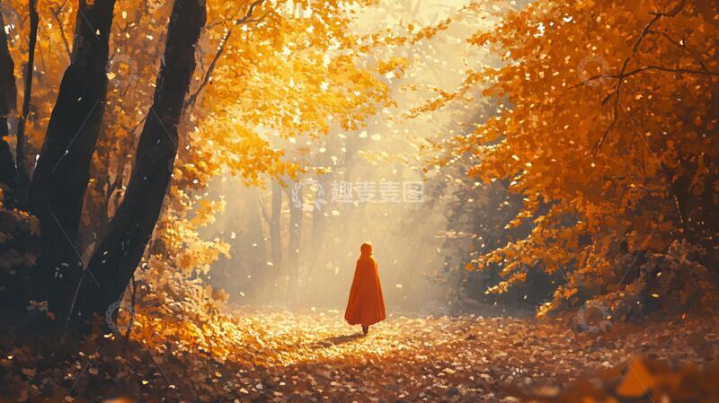 高清大图下载【趣麦麦图】金色树叶小路落叶行人9