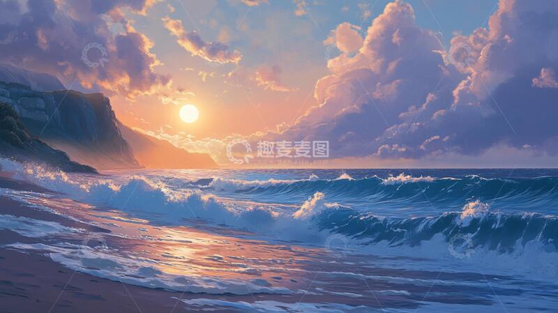 高清大图下载【趣麦麦图】海边落日插画30