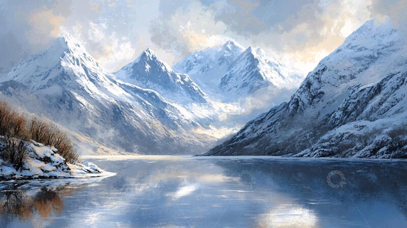 高清大图下载【趣麦麦图】雪山河流油画1