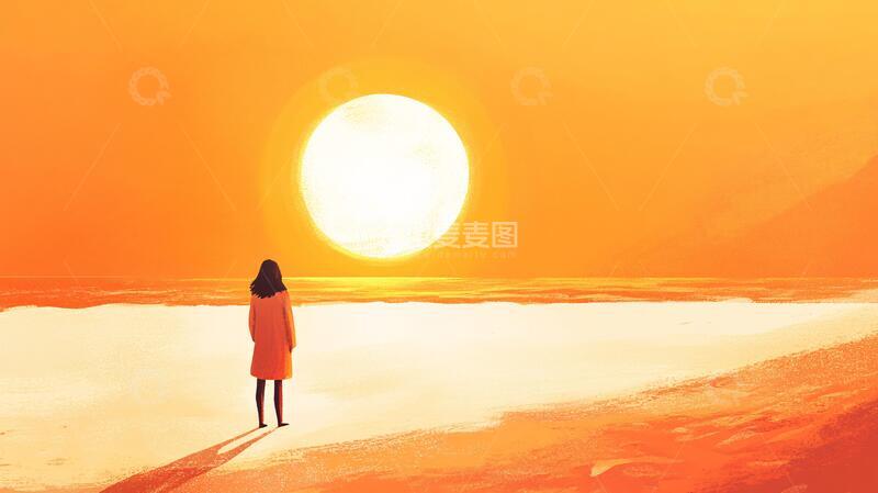 高清大图下载【趣麦麦图】看日出插画插画落日手绘
