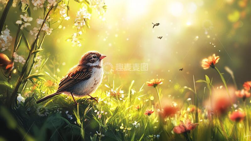 高清大图下载【趣麦麦图】花丛中的麻雀