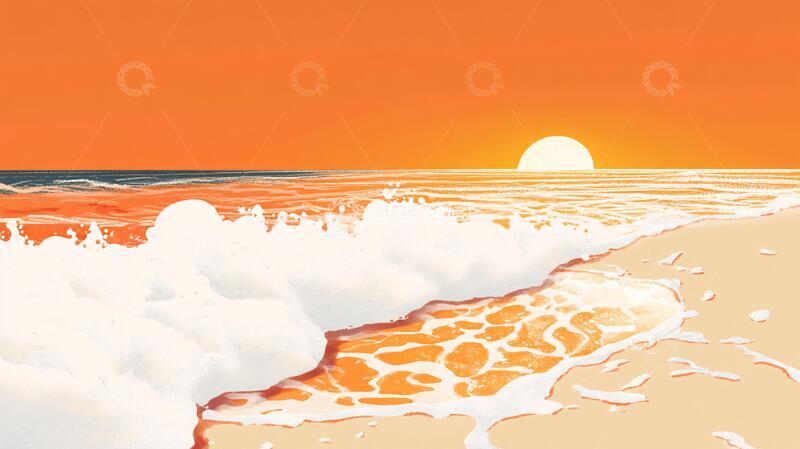 高清大图下载【趣麦麦图】红海滩插画插画手绘红日
