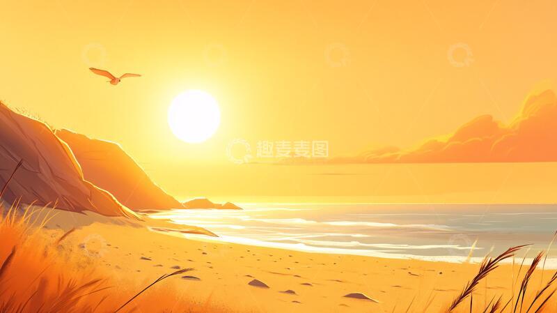 高清大图下载【趣麦麦图】海边落日插画27