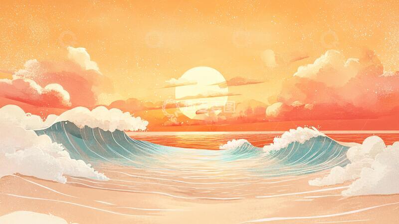 高清大图下载【趣麦麦图】手绘海浪旭日东升14