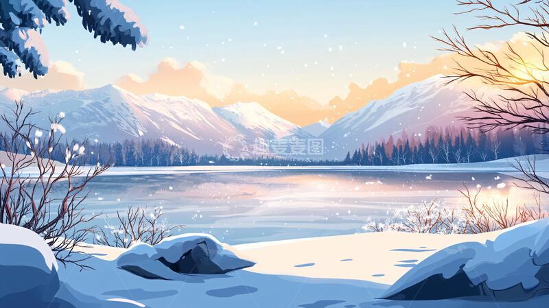 高清大图下载【趣麦麦图】冬日山川风景插画20