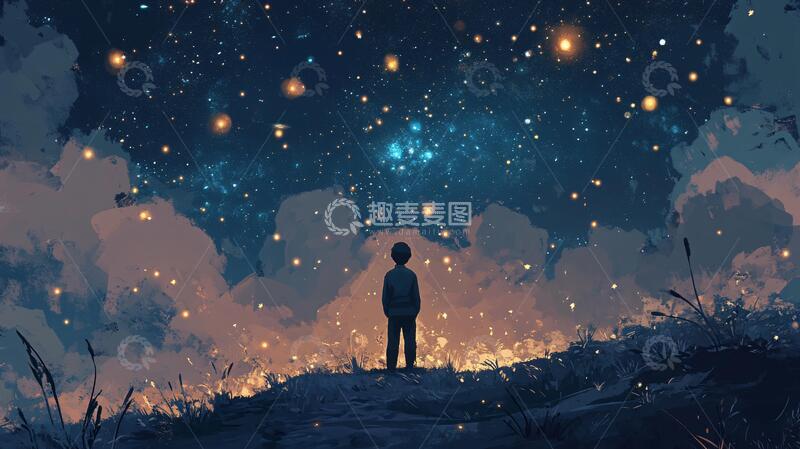 高清大图下载【趣麦麦图】看星星的人插画背影星辰